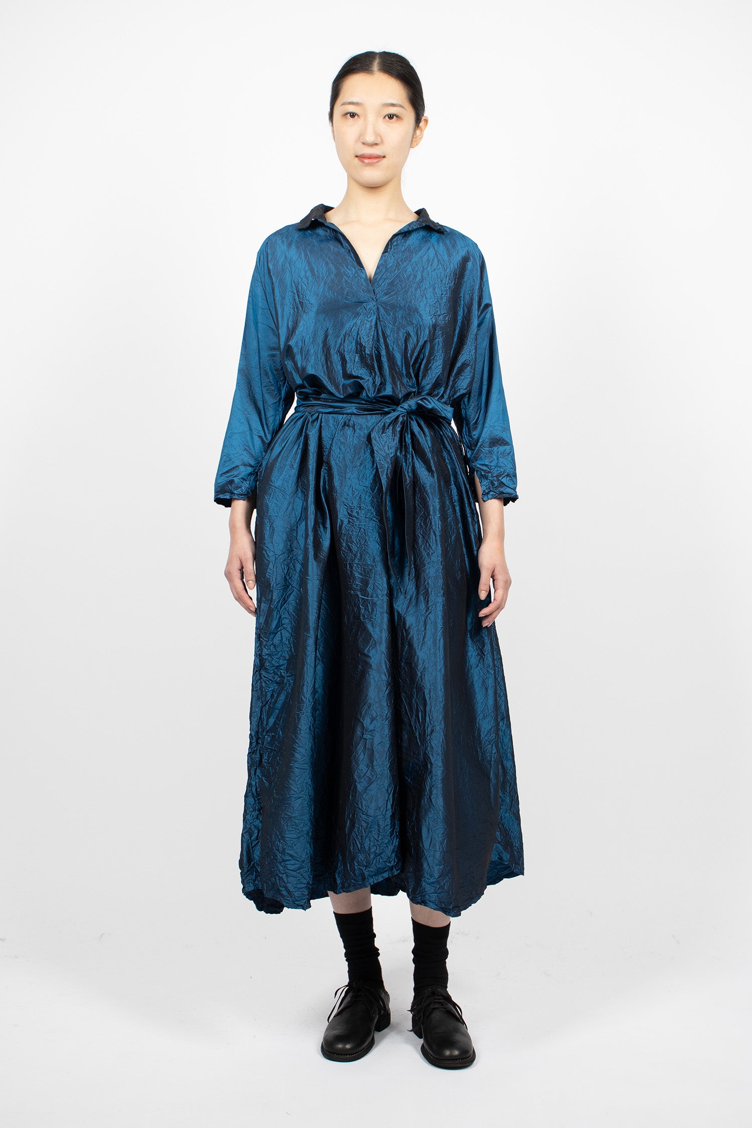 Notched Collar Taffeta Silk Dress Blue