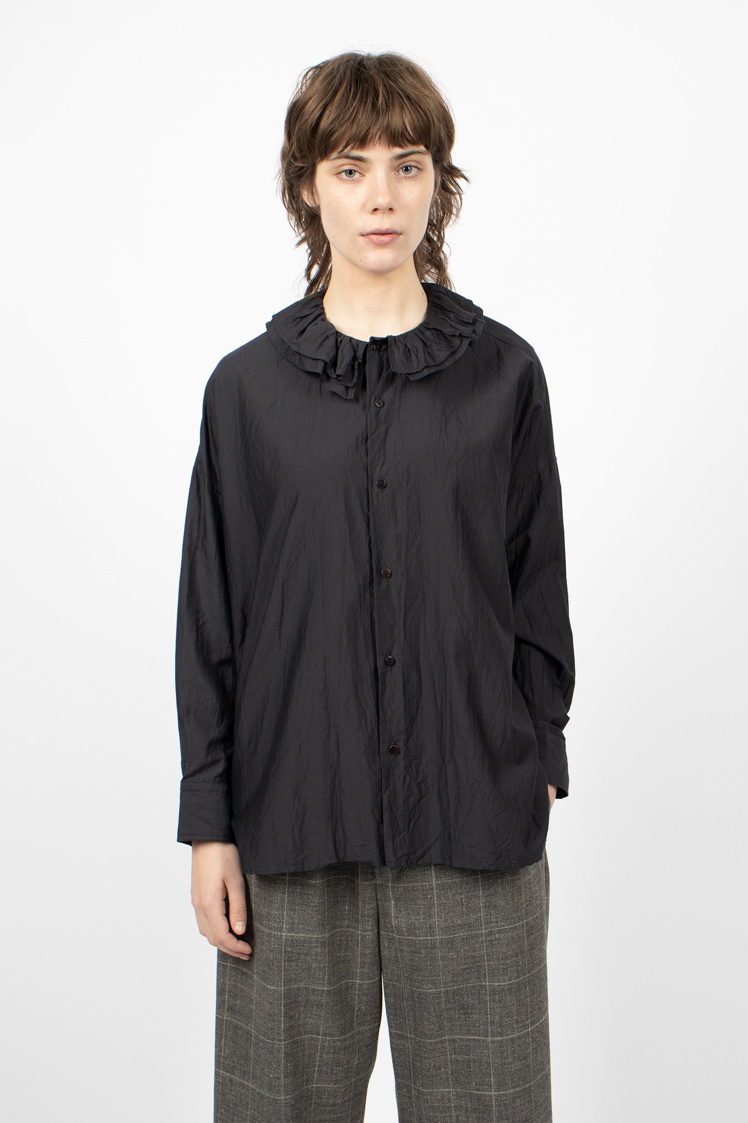 Ruffle Collar Baggy Shirt Black Navy